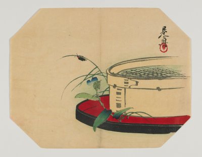 Print for an Uchiwa; Firefly on Flowering Plant, with Bamboo Sieve by Shibata Zeshin